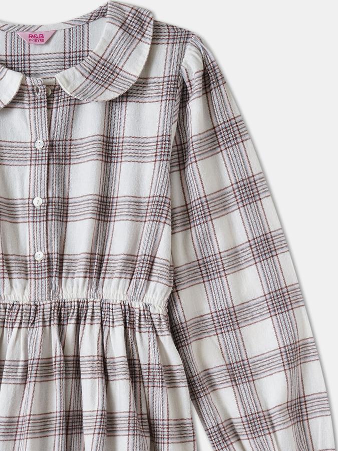 Girls Cotton Fit And Flare Collared Neck Plaid Dress