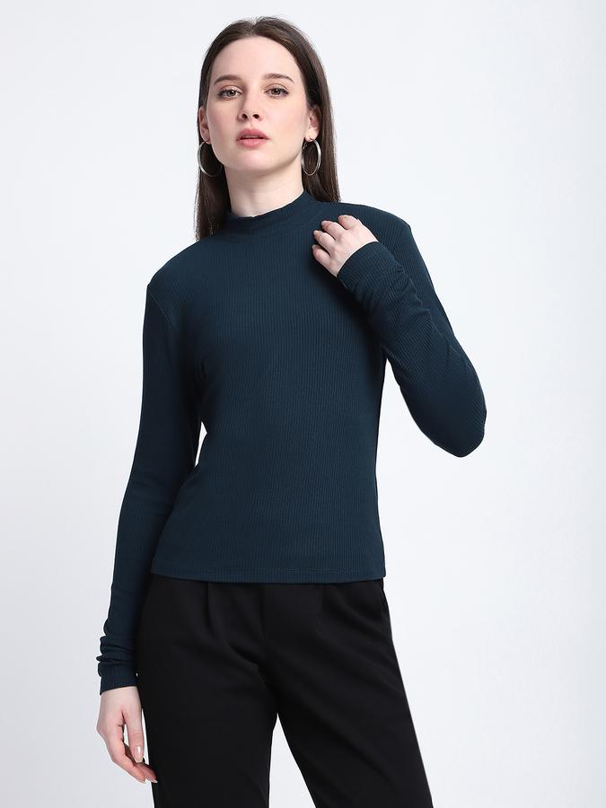 R&B Women Teal Solid High-Neck Top