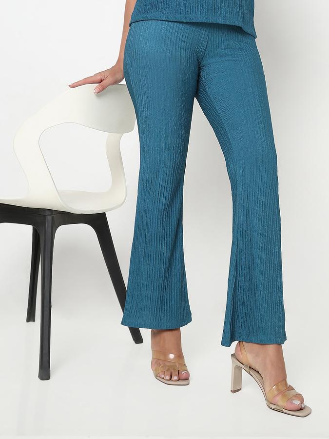 Women Polyester Flared Leg Mid Rise Textured Trousers