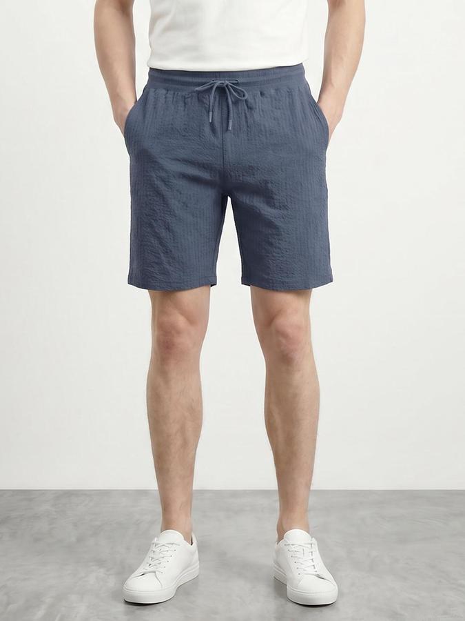 R&B Men Blue Self Design Regular Fit Mid Rise Shorts