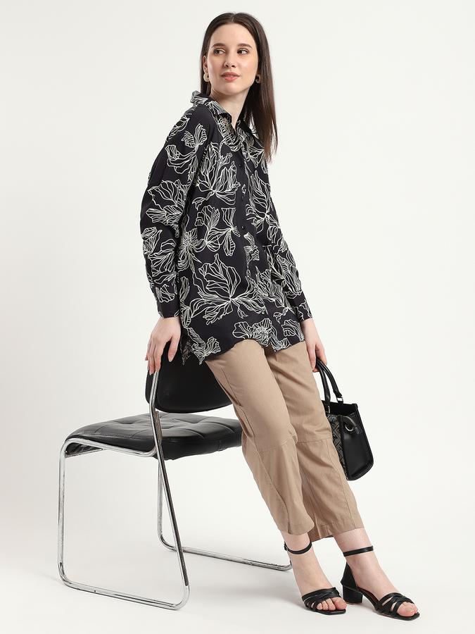 R&B Women Black Leaf Print Shirt