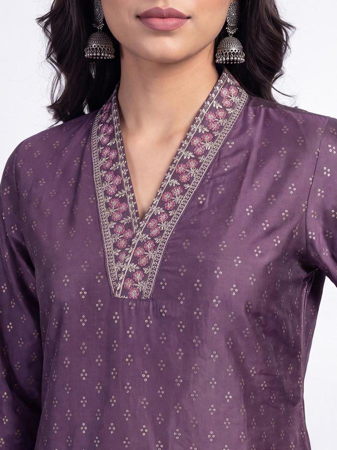 R&B Women Purple Embroidered V-Neck Three-Quarter Sleeve Ikat Kurta
