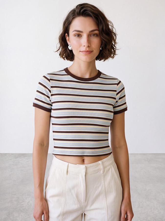 R&B Womens Brown Round Neck Short Sleeves Striped Crop Top