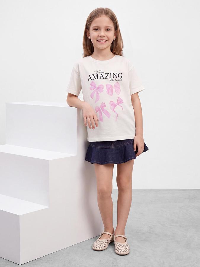 R&B Girls White Bow Print Short Sleeves Round Neck Pure Cotton T-Shirt