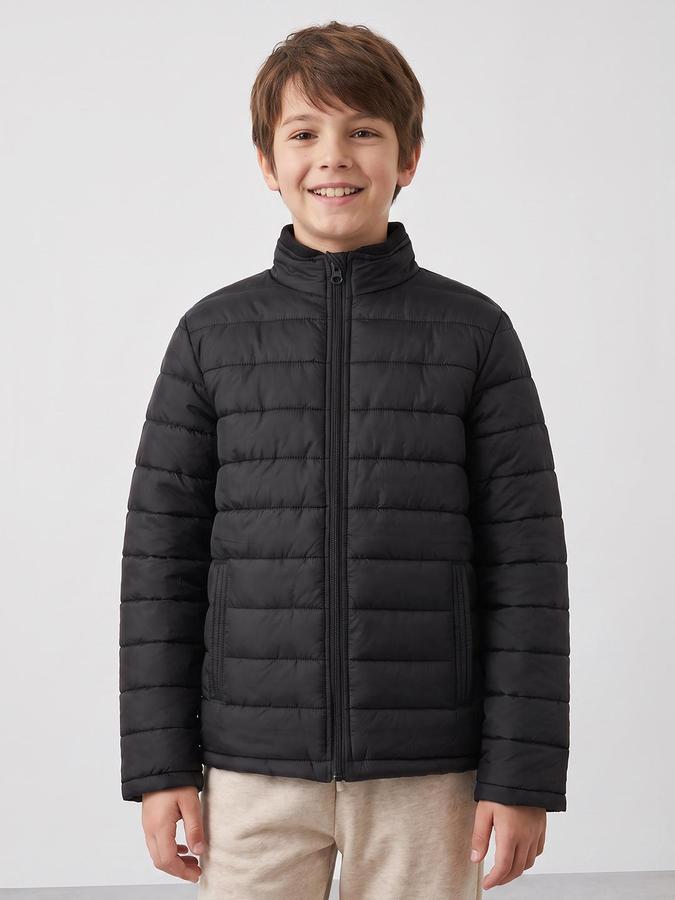 R&B Boys Black Self Design Mock Collar Long Sleeves Puffer Jacket
