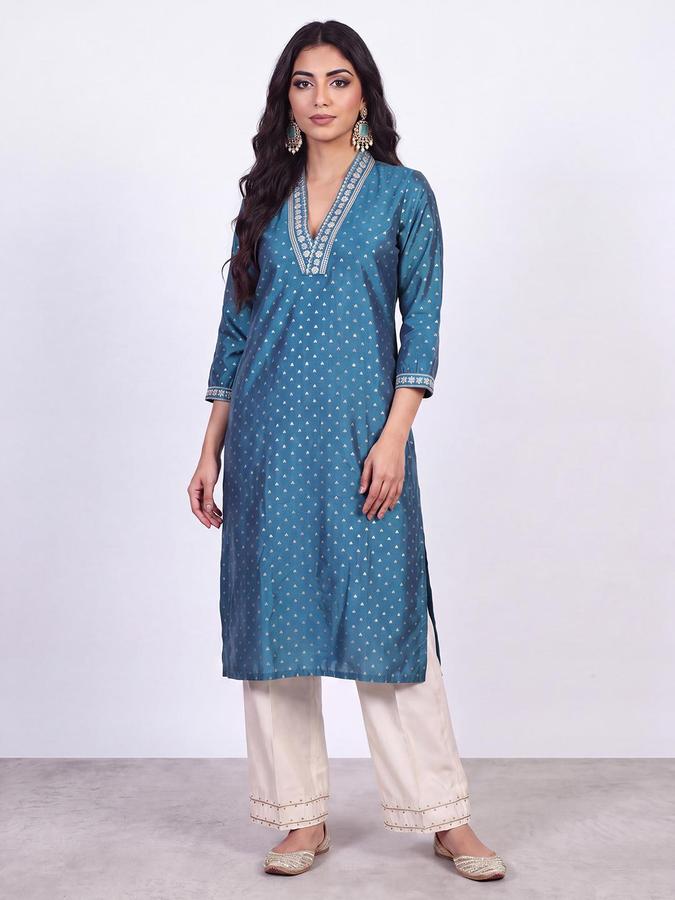 R&B Women Teal Blue Embroidered V-Neck Three-Quarter Sleeve Ikat Kurta