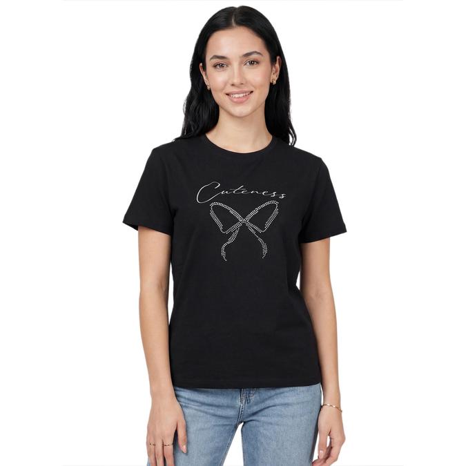 R&B Women Black Cotton Printed Round Neck T-Shirt