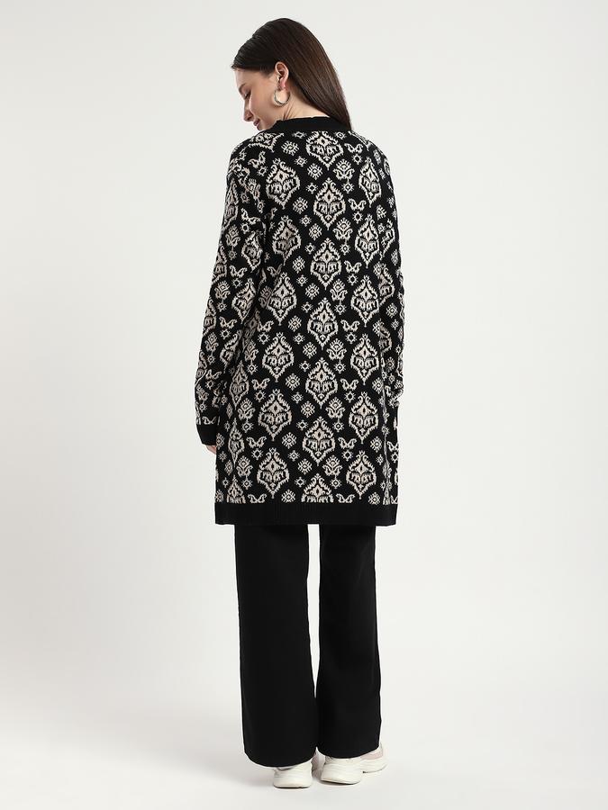 R&B Women Black Patterned Longline Cardigan