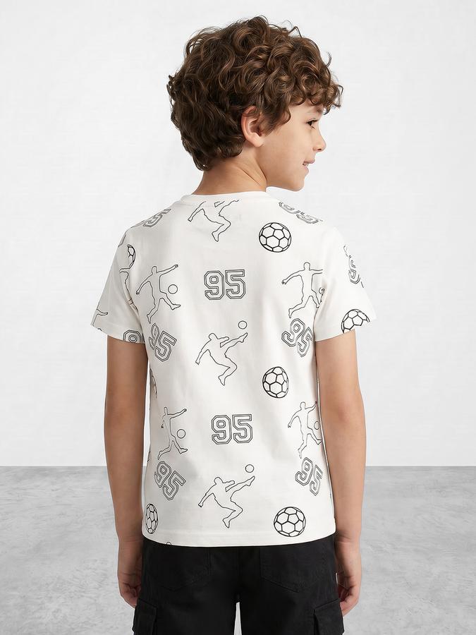 R&B Boys Beige Short sleeve Round Neck Game On Football Graphics All over printed Pure Cotton T-Shirt