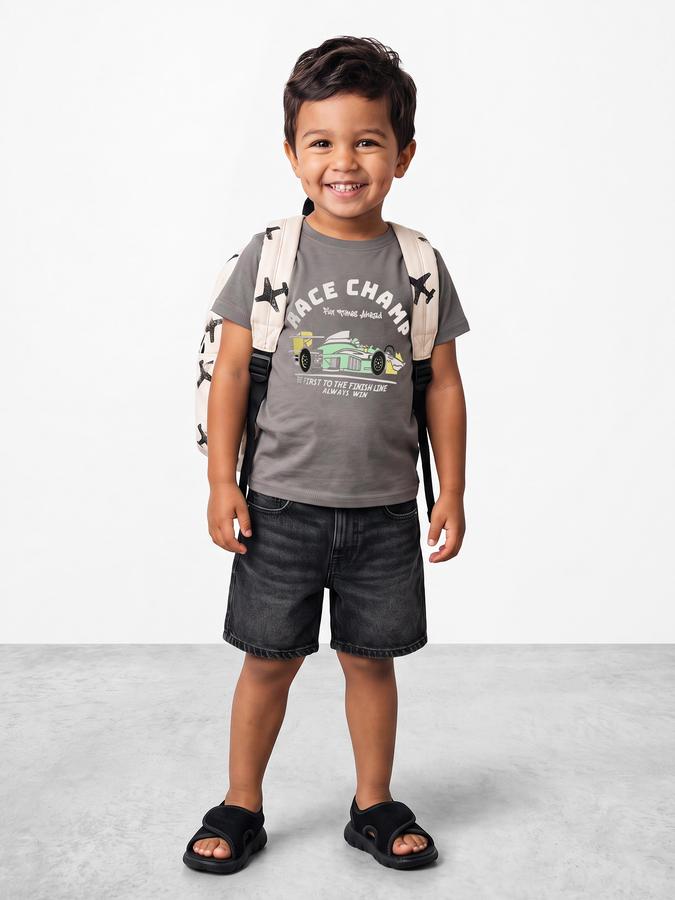 R&B Boys Grey Graphic Print Short Sleeves Round Neck Pure Cotton T-Shirt