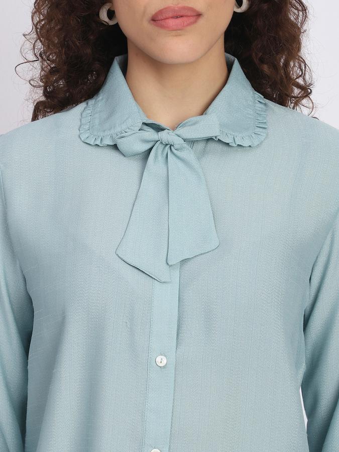 Women Polyester Regular Fit Tie Neck Ruffled Top