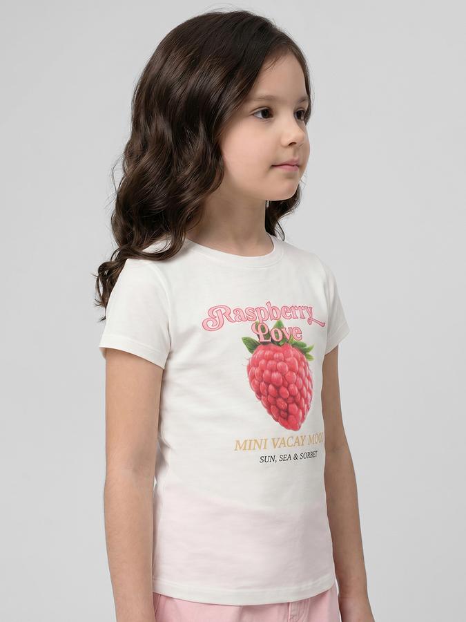 R&B White Graphic Print Girls Round Neck Regular Fit Short Sleeves T-Shirt 