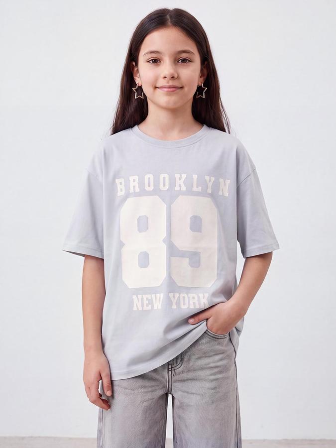 R&B Girls Grey Typography Print Short Sleeves Round Neck Pure Cotton T-Shirt