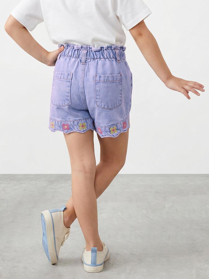R&B Girls Blue Embroidered Mid Rise Pure Cotton Denim Shorts