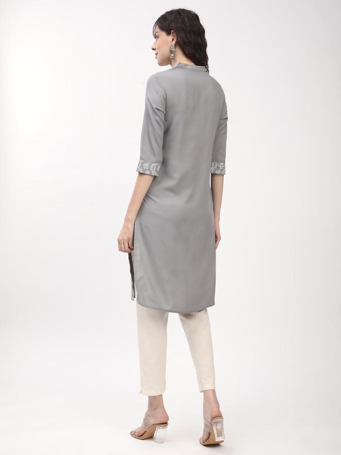 Women's regular fit casual grey chikankari printed front button down straight kurta image number 2