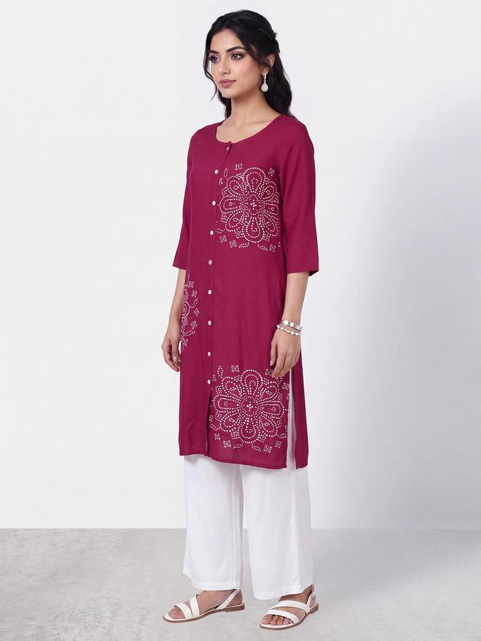 R&B Women Dark Pink Floral Print Round Neck Three-Quarter Sleeves Ethinic Kurta