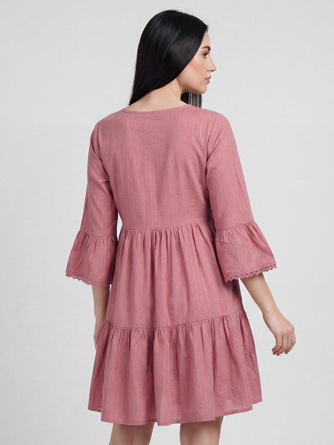 R&B Pink Embroidered Round Neck Three-Quarter Sleeves Fit and Flare Women Mini Dress