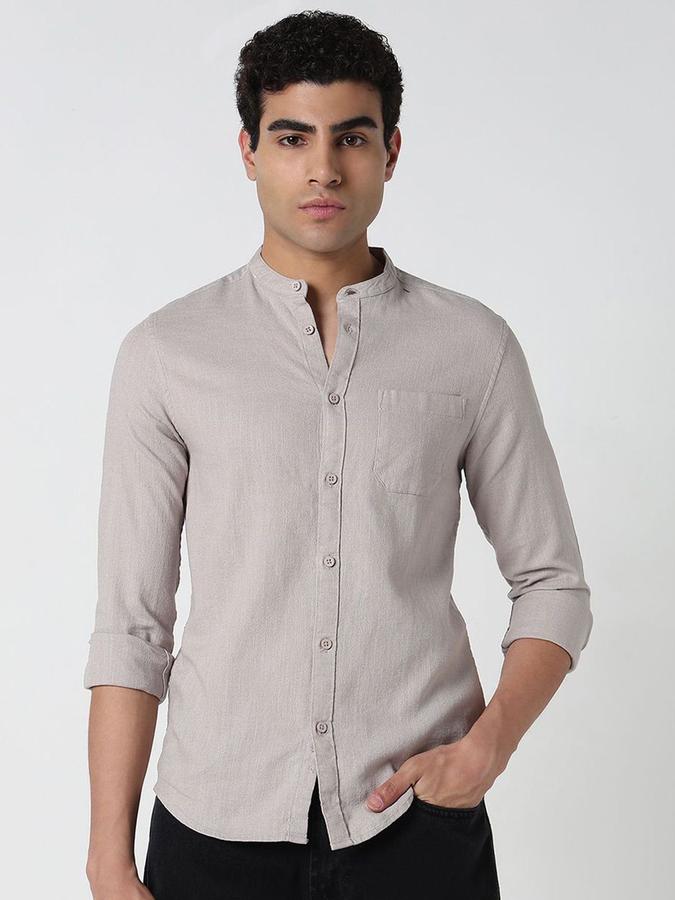 R&B Men Grey Solid Long Sleeves Mandarin Collar Slim Fit Shirt