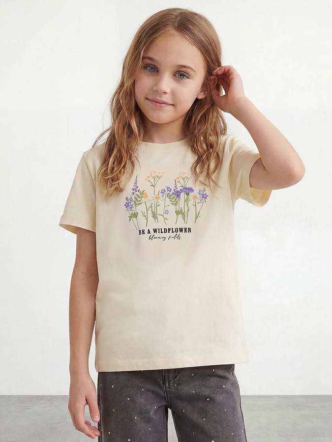 R&B Girls Yellow Regular Fit Floral Print Short Sleeve T-shirt