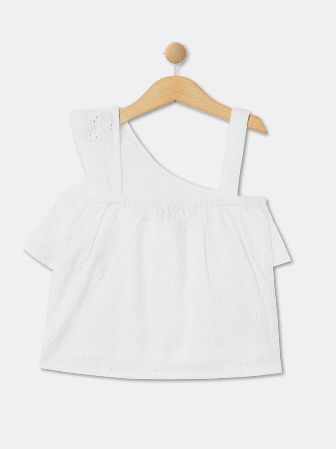 Girls Cotton Relaxed Fit Asymmetric Neck Short Sleeve Ruffled Eyelet Top