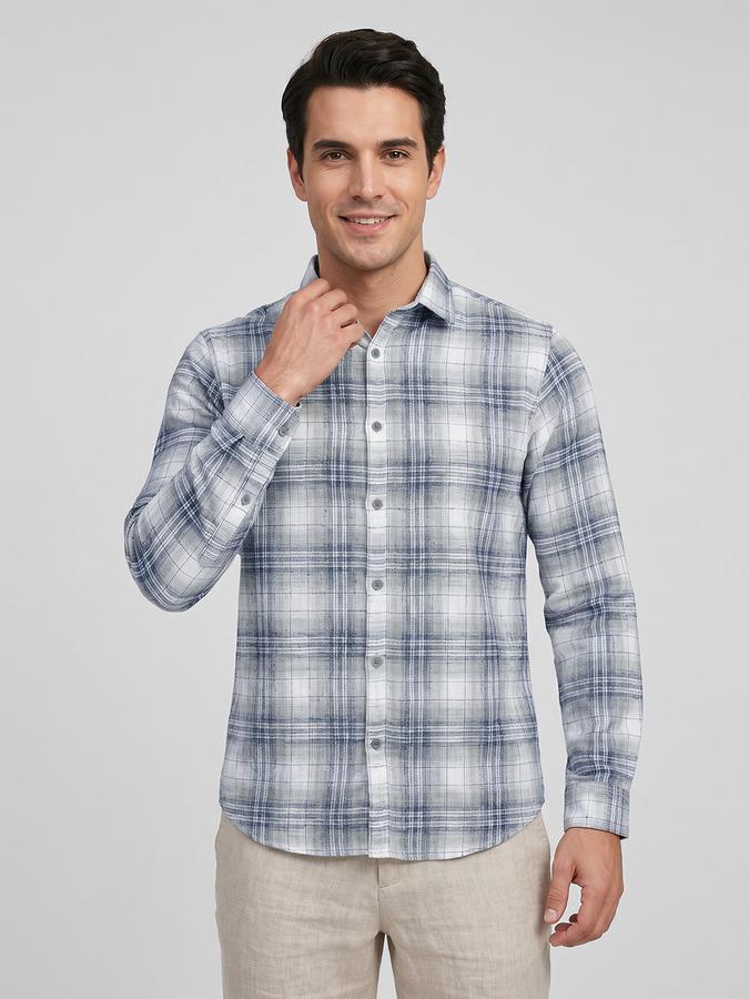 R&B Blue Checked Men Spread Collar Long Sleeves Shirt