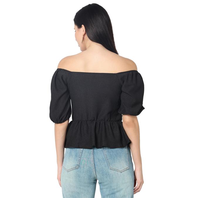 R&B Women Black Solid Ruched Off-Shoulder Peplum Top