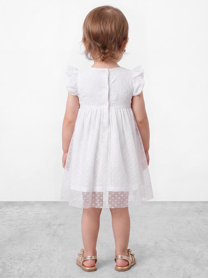 R&B Girls White Flutter Sleeves Floral Embroidery Knee Length A-Line Dress