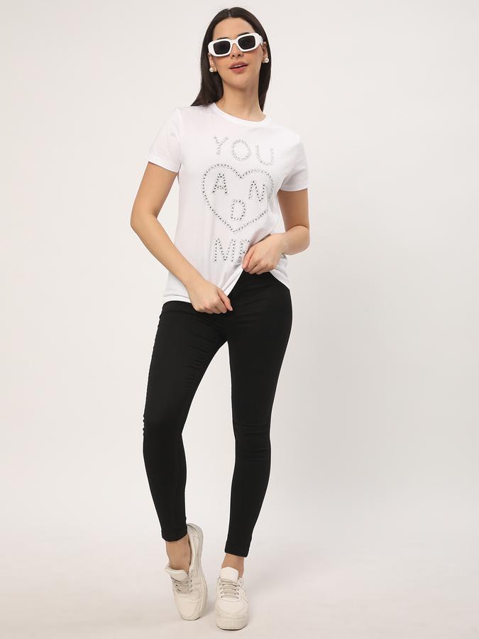 Women Cotton Regular Fit Crew Neck Embellished T-shirt