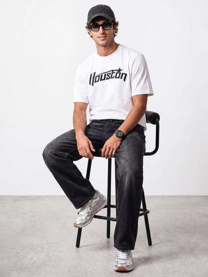 R&B Men White Short Sleeve Round Neck Typography Print T-Shirt