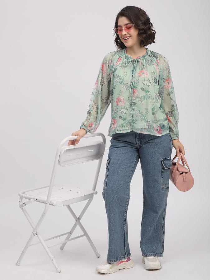 Women Polyester Relaxed Fit Tie-Neck Ruffled Top