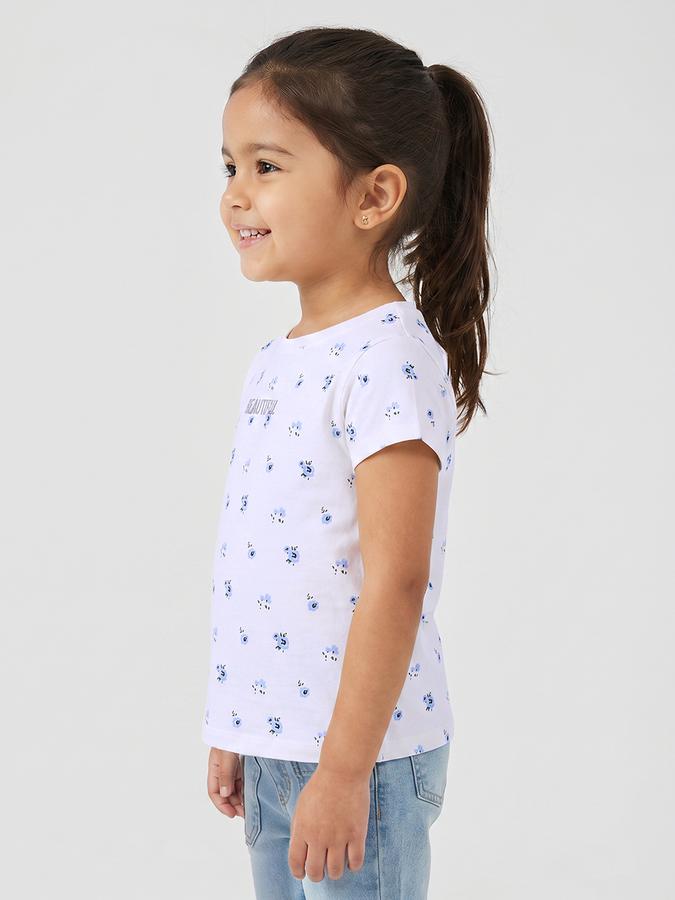 R&B Girls White Regular Fit Floral Print Short Sleeve T-shirt