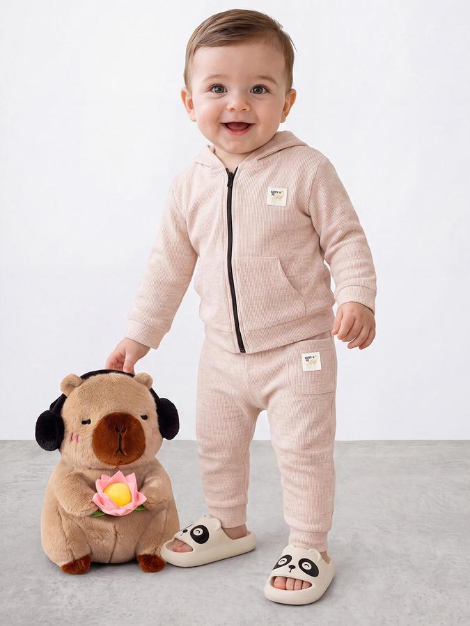 R&B Boys Long Sleeve Hooded Car Patch Beige Hoodie and Jogger Set