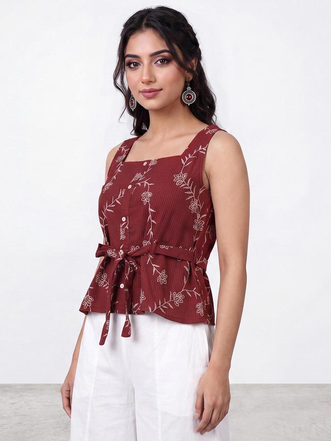 R&B Womens Maroon Square Neck Sleeveless Floral Embroidered Peplum Crop Top