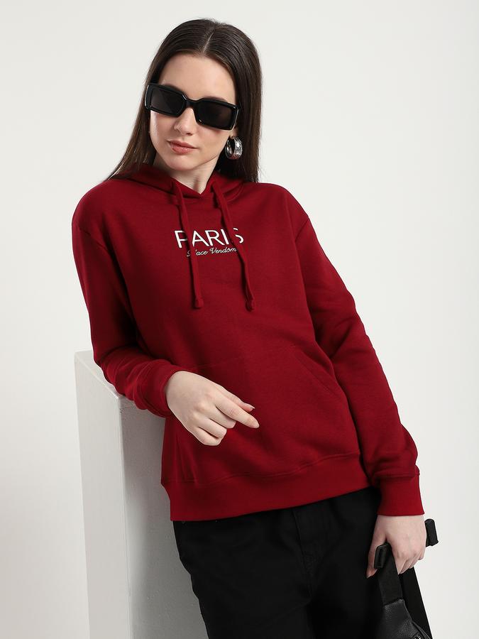 Women Fleece Relaxed Fit Hooded Typographic Sweatshirt