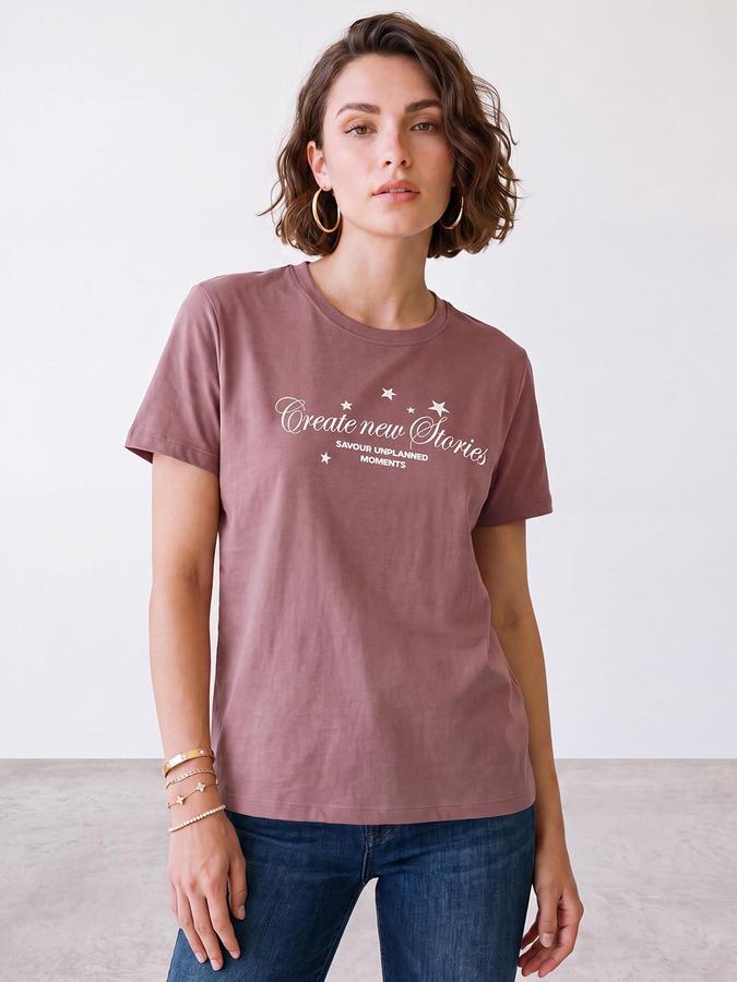 R&B Women Pink Short Sleeve Round Neck Typography Graphic Print T-Shirt