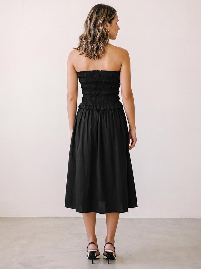 R&B Women Black Solid Smocked Strapless Bandeau Dress