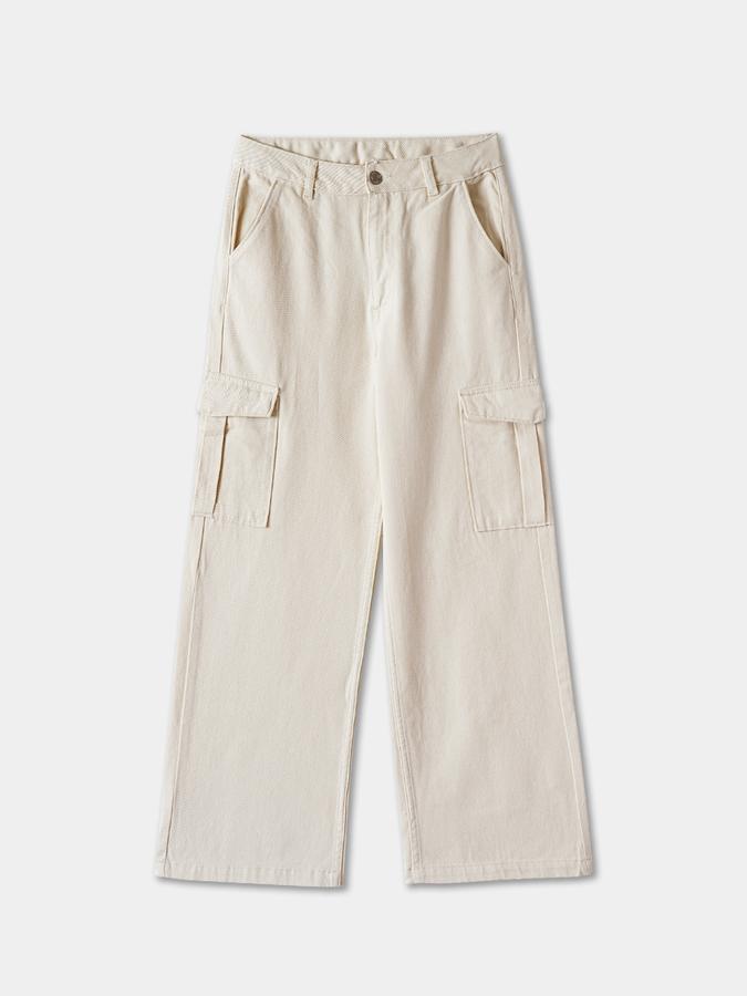 Solid Wide Leg Cargo Jeans with Button Closure