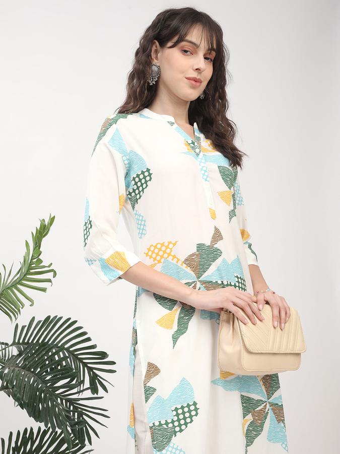 Women's regular fit white  abstract printed  mandarin collared   straight kurta 