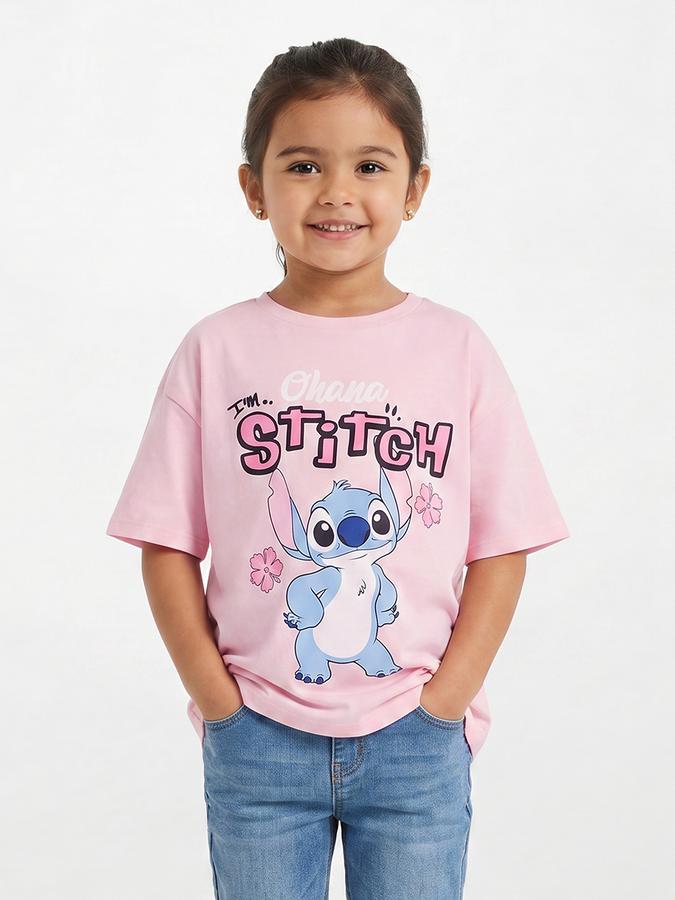 R&B Girls Pink Regular Fit Stitch Printed Short Sleeve T-shirt