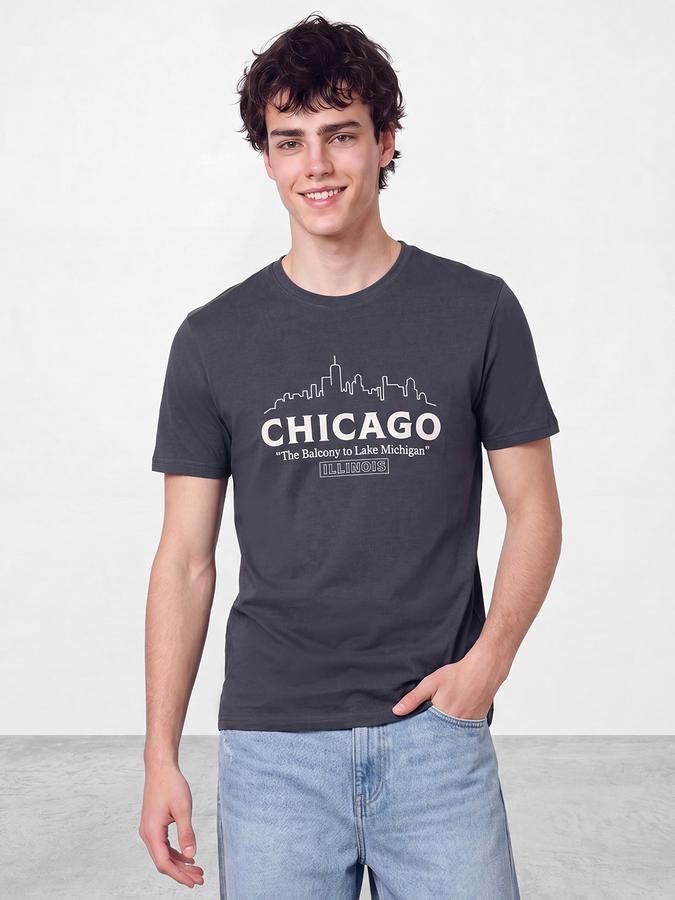 R&B Men Stone Grey Typographic Print Short Sleeves Pure Cotton Tshirt