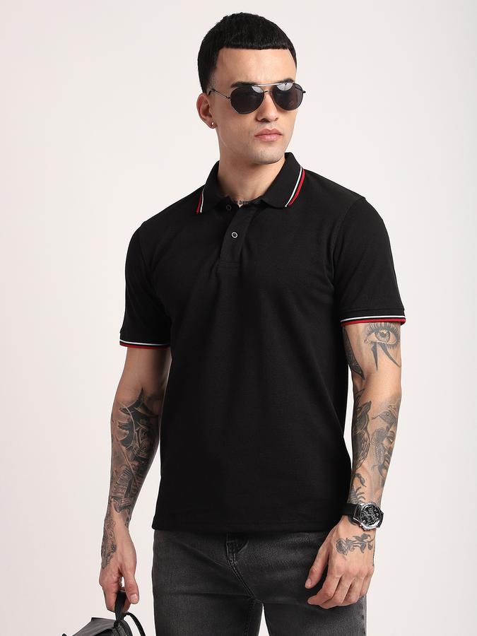 Men Cotton Blend Slim Fit Polo Neck Solid T-shirt