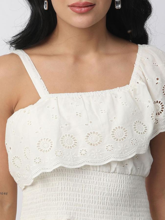 R&B Women Off White Self Design Sleeveless One Shoulder Mini Fit &amp; Flare Dress