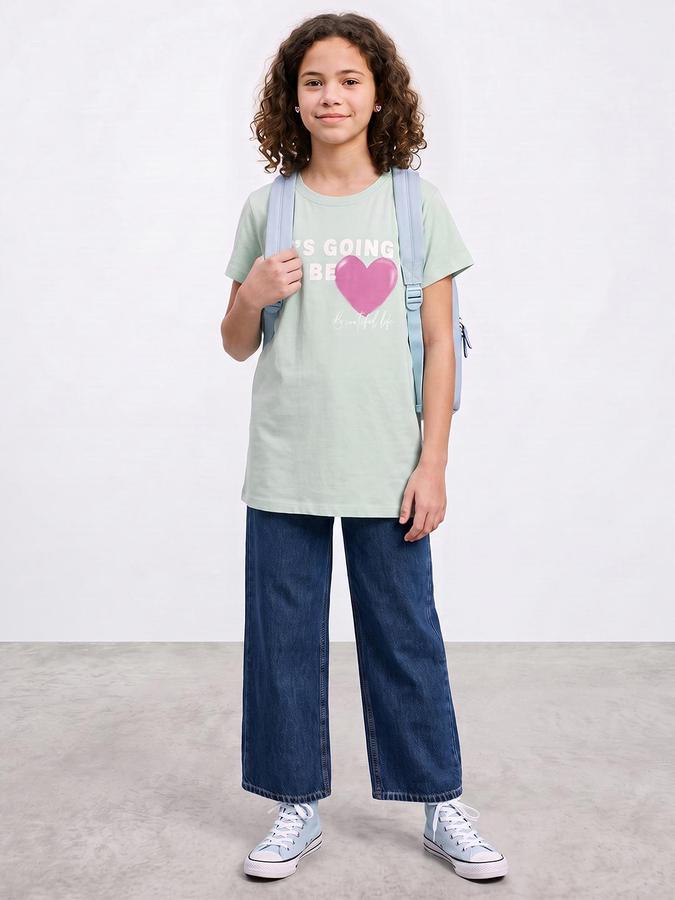 R&B Girls Green Graphic Print Short Sleeves Round Neck Pure Cotton T-Shirt