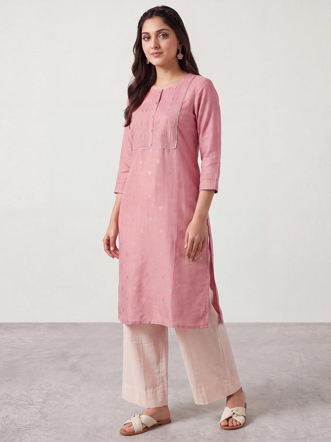 R&B Women Dusty Pink Round Neck 3/4 Sleeves Pintuck Straight Kurta