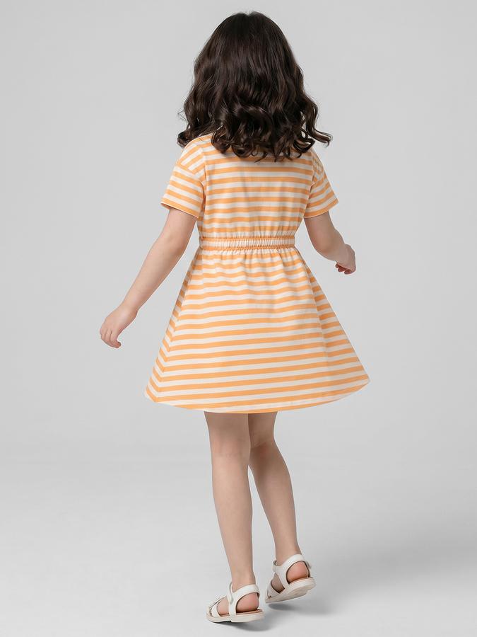 R&B Orange Striped Round Neck Short Sleeves Fit and Flare Mini Girls Dress