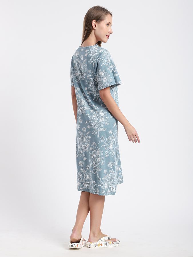 Women Cotton Regular Fit Round Neck Floral Print Night Shirt