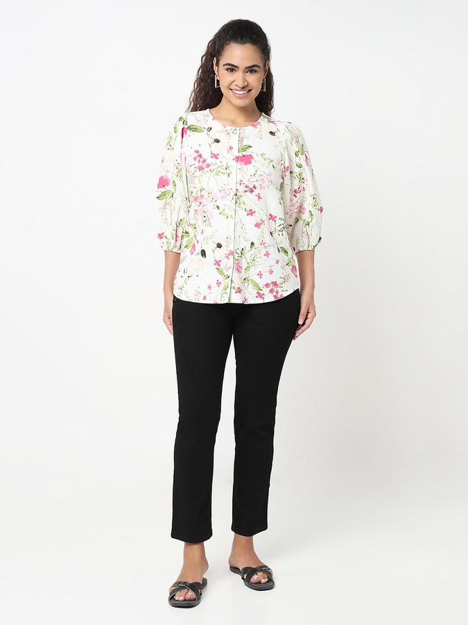 R&B Women Off White Floral Print Longline Shirt