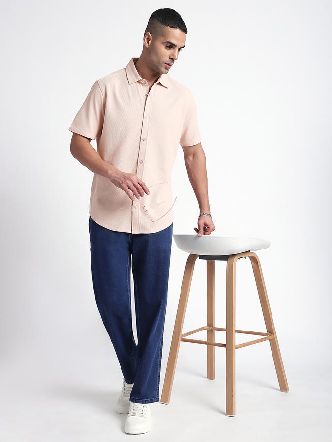 Men Cotton Blend Slim Fit Point Collar Textured Shirt