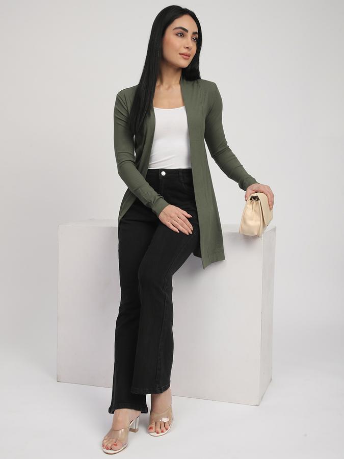 R&B Women Olive Textured Longline Cardigan