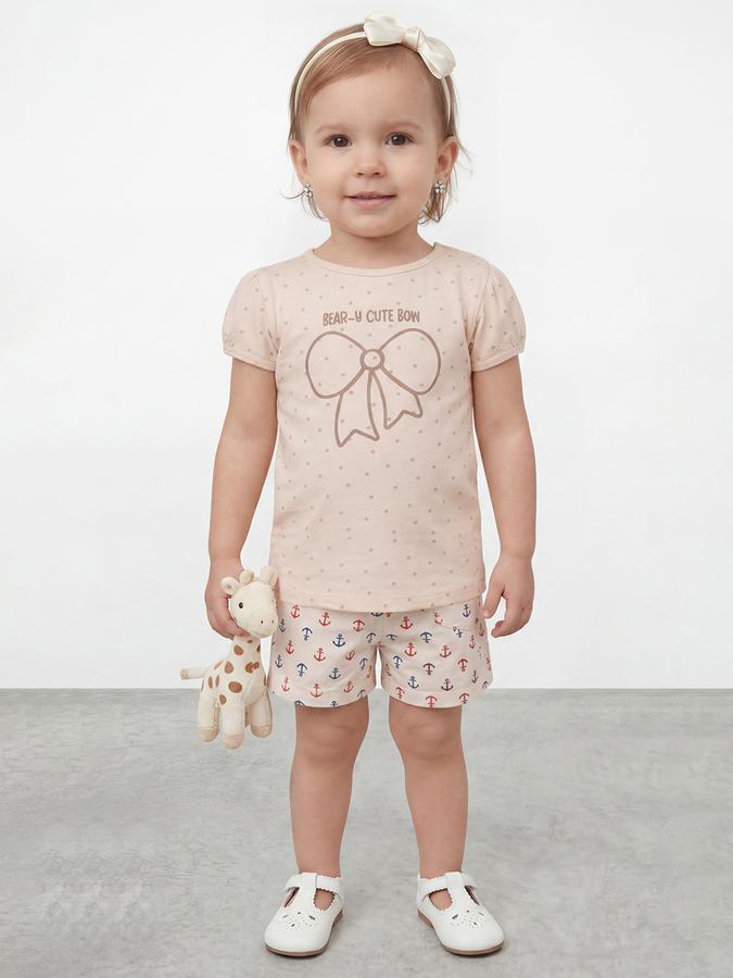 R&B Girls Beige Regular Fit Bow Printed Short Sleeve T-shirt